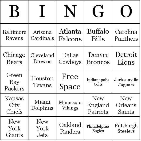 Nfl Teams Bingo Card Preview