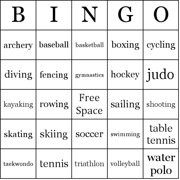 Olympic Sports Bingo Card Preview