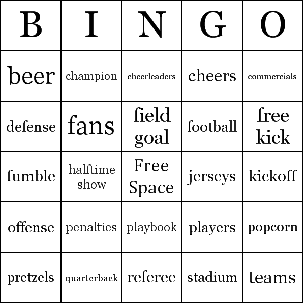 Super Bowl Bingo Card Preview