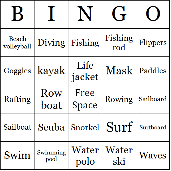 Water Sports Bingo Card Preview