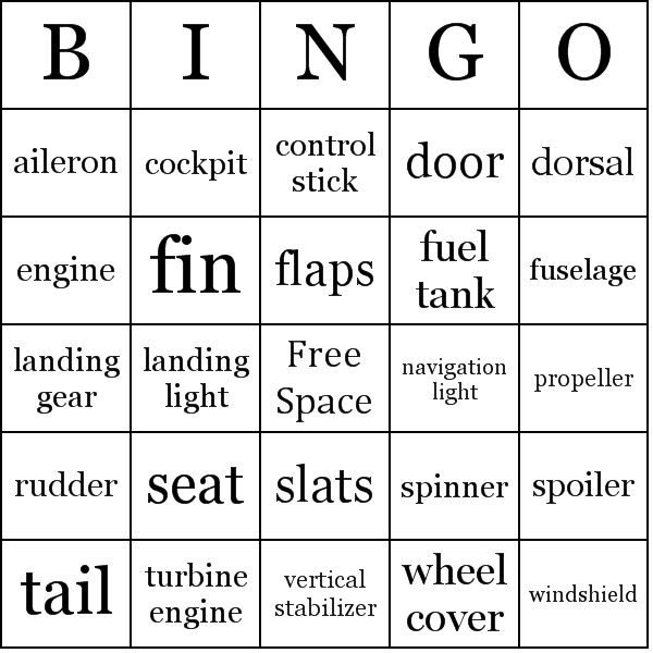 Airplane Parts Bingo Card Preview