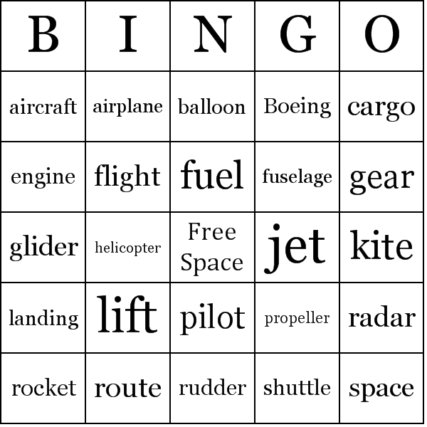 Flight Bingo Card Preview