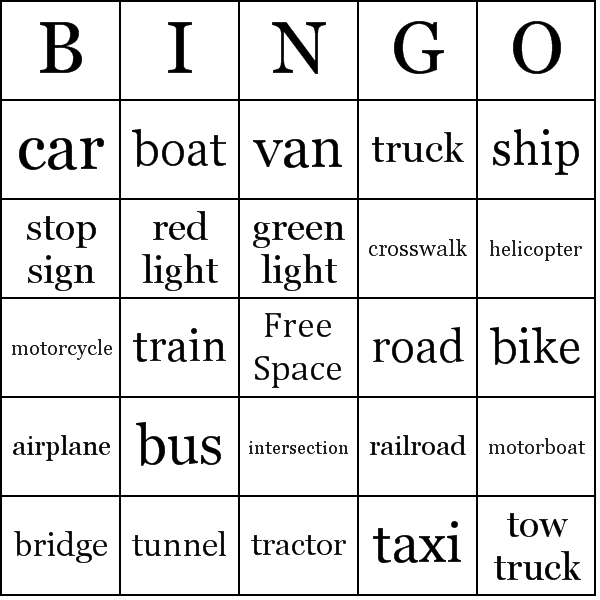 Transportation Bingo Card Preview