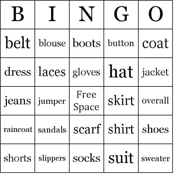 Clothing Bingo Card Preview