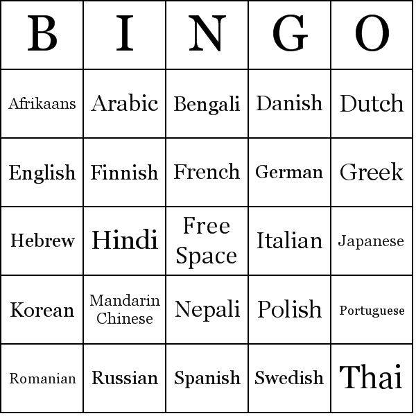 List of Languages Bingo Card Preview
