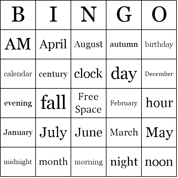 Time Bingo Card Preview
