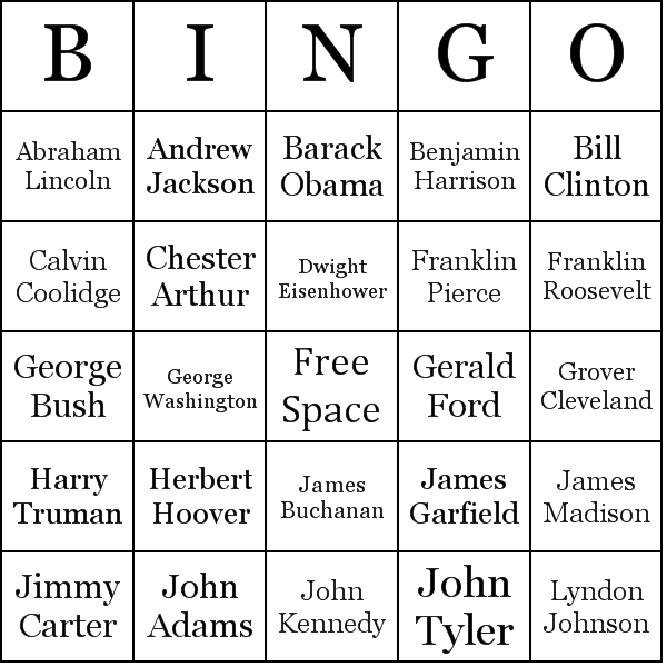 Us Presidents Bingo Card Preview